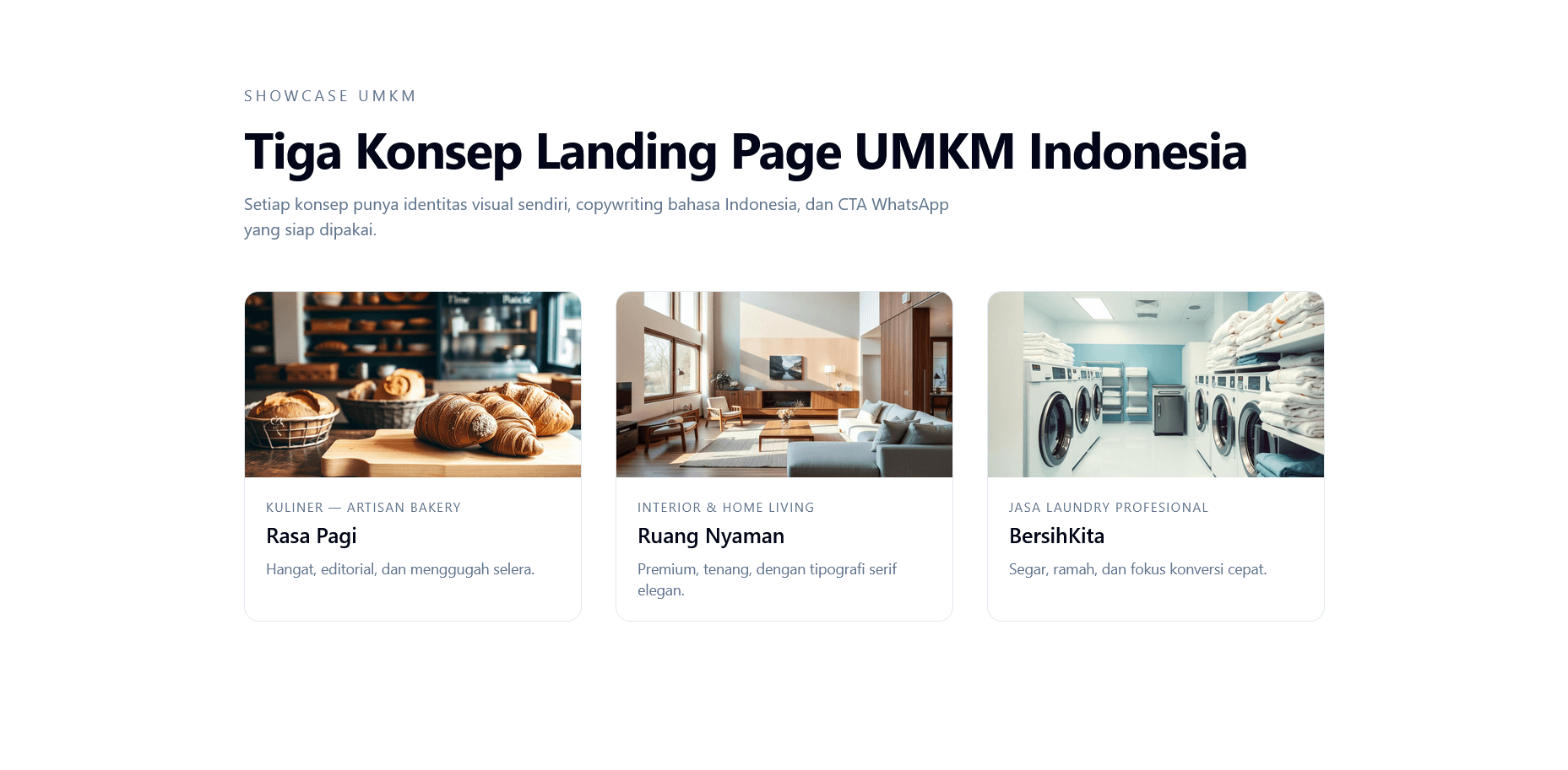 Showcase tiga konsep landing page UMKM